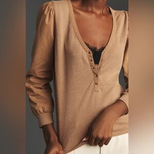 Nation Los Angeles V-Neck Henley Top Medium brown long sleeve cotton lagenlook